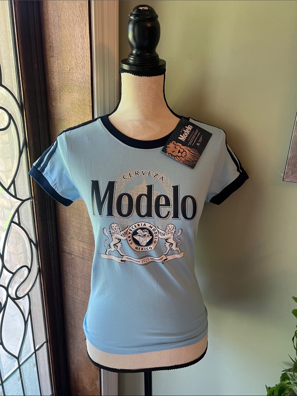 Model Women's Light Blue Logo Ringer Tee
